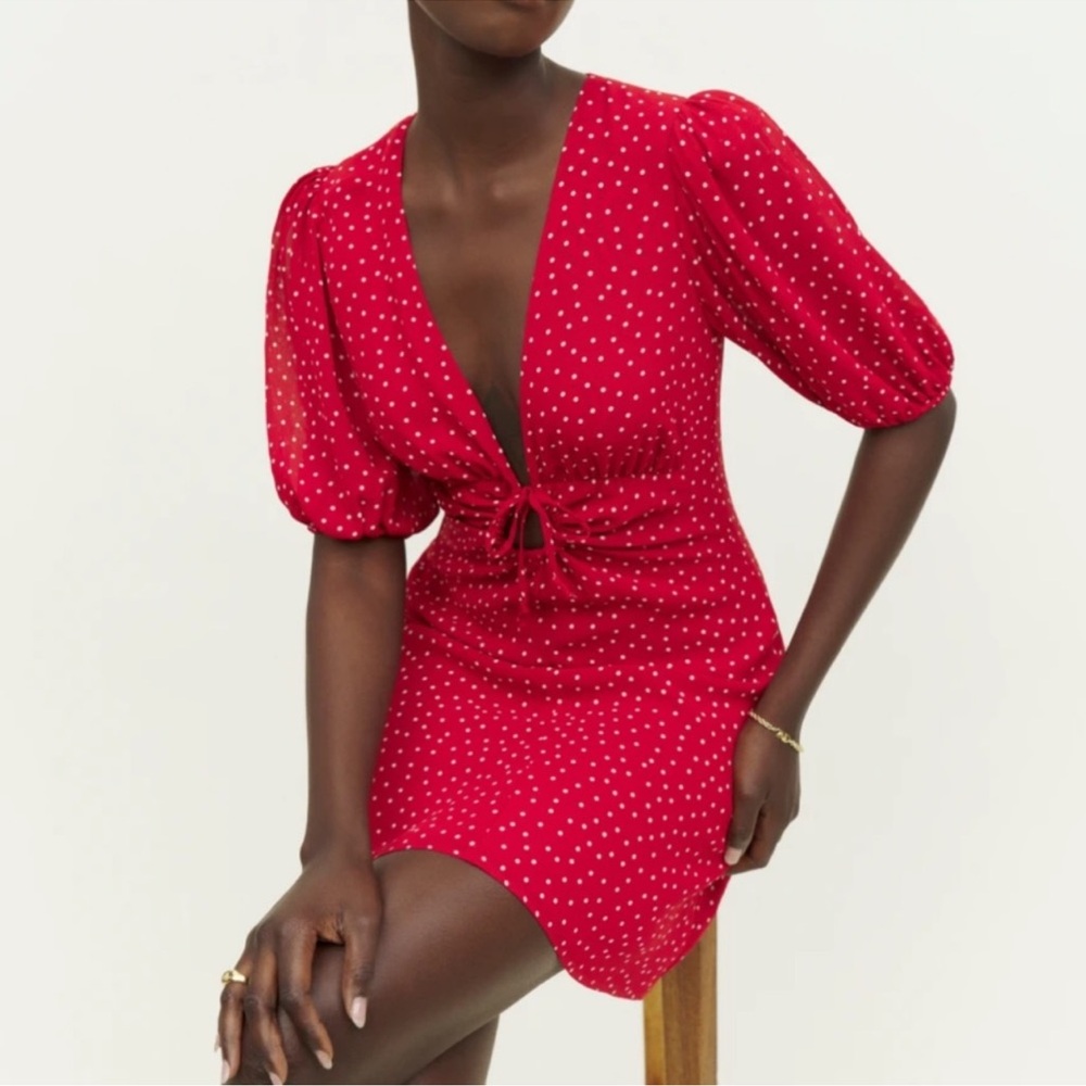 Reformation Red Polka Dot Tie-Front Mini Dress
